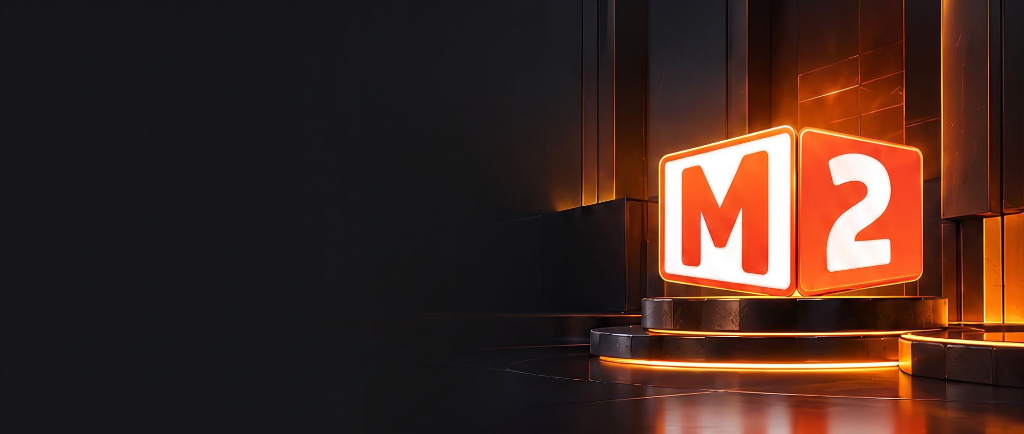Logo M2 di atas podium yang bercahaya