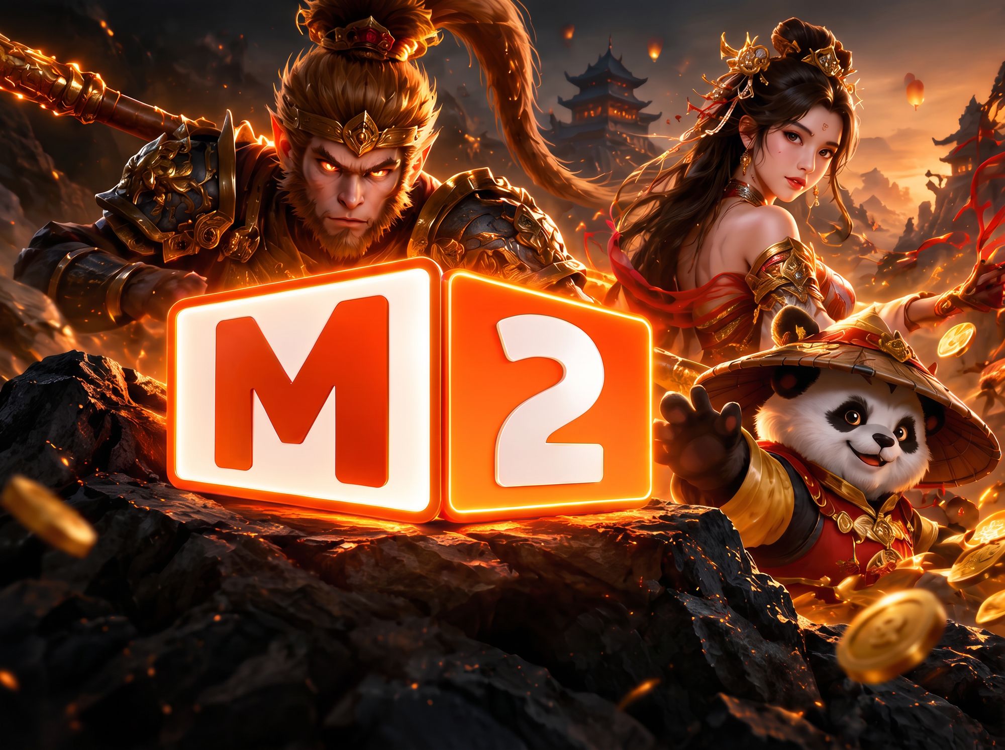 M2 – Monkey King, dewi dan panda di sekeliling logo M2